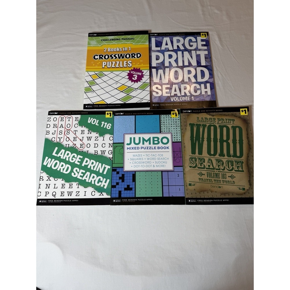 5 New Bendon Puzzle Books Large Print Word Finds Crossword Puzzles Jumbo Mixed
